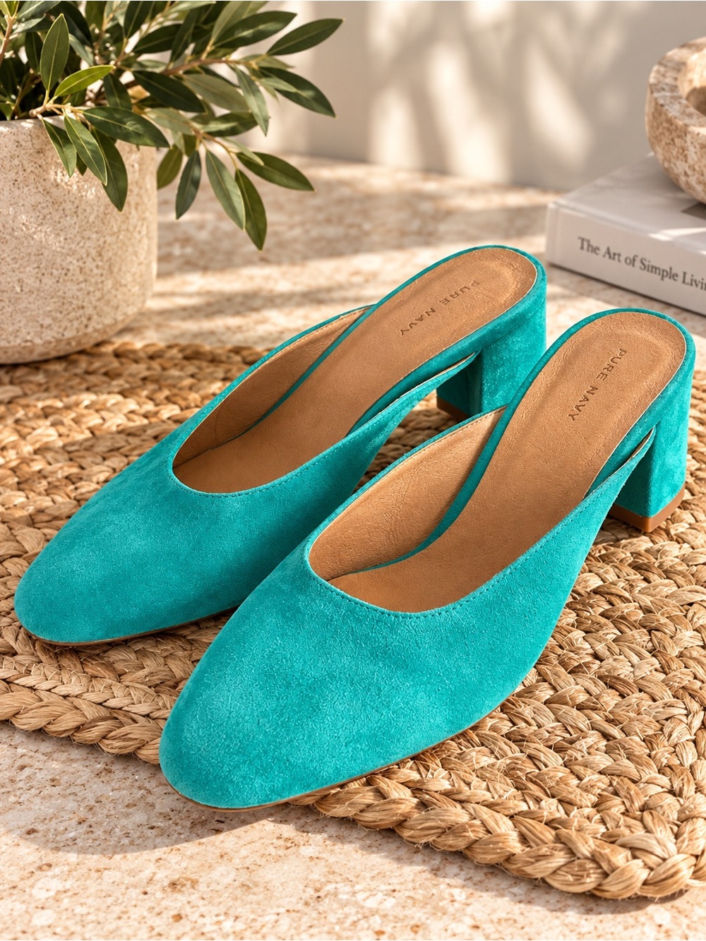 Pure Navy Turquoise Suede Leather Mule Heels Women’s Size 9 Made in Spain #70